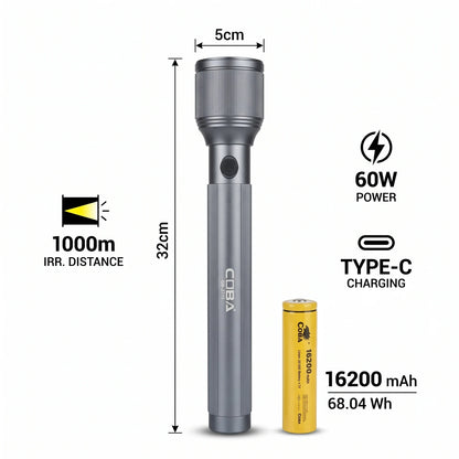 COBA FLASHLIGHT – Rechargeable LED Torch, 60W Power, 1000m Irradiation Distance, 16200mAh, Push-Button Control, 32cm Long