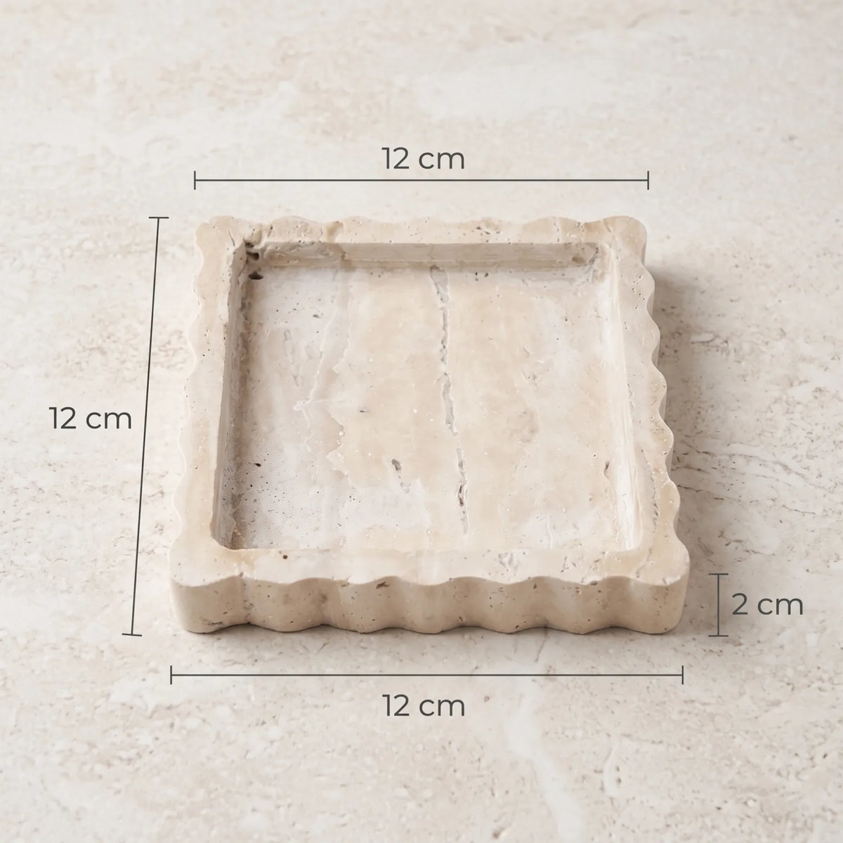 Square Travertine Stone Scalloped Tray – 12 x 12 x 2 cm | Raised Rim | Textured Surface | Beige Decorative Tray