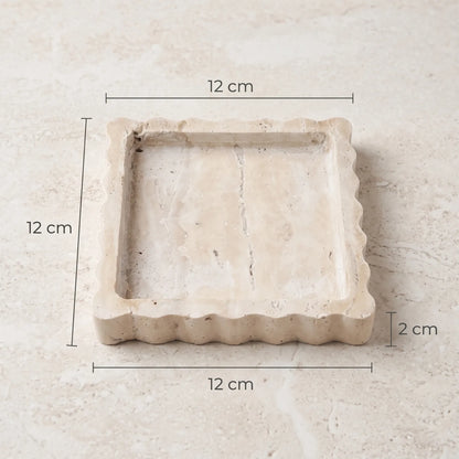 Square Travertine Stone Scalloped Tray – 12 x 12 x 2 cm | Raised Rim | Textured Surface | Beige Decorative Tray