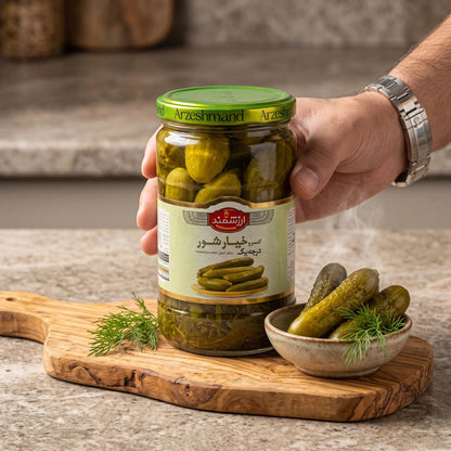 Arzeshmand Pickled Cucumber – 680g Glass Jar | Cucumber in Brine | Iranian Pickled Vegetable