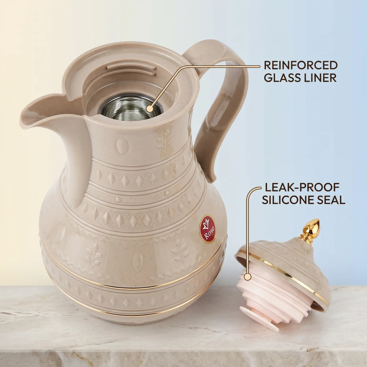 Rose Decorative Vacuum Flask 1 Liter – Ornate Traditional Embossing | Leak-Proof Tea and Coffee Flask
