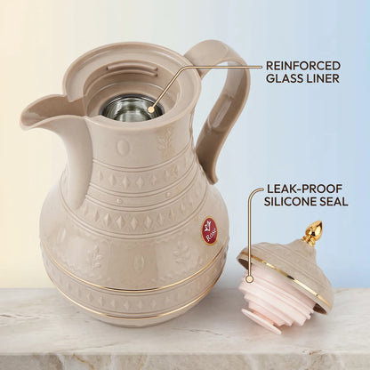 Rose Decorative Vacuum Flask 1 Liter – Ornate Traditional Embossing | Leak-Proof Tea and Coffee Flask