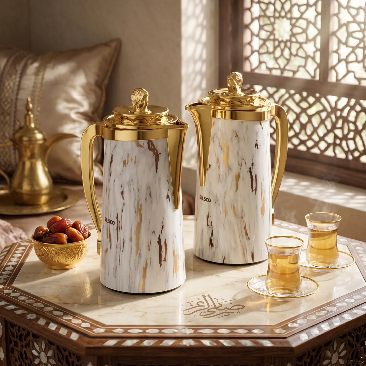 Pilsco 2-Piece White Marble Gold Delux Vacuum Flask Set – 1L Each | Arabic Design | Stainless Steel | Leak-Proof Tea & Coffee Flasks