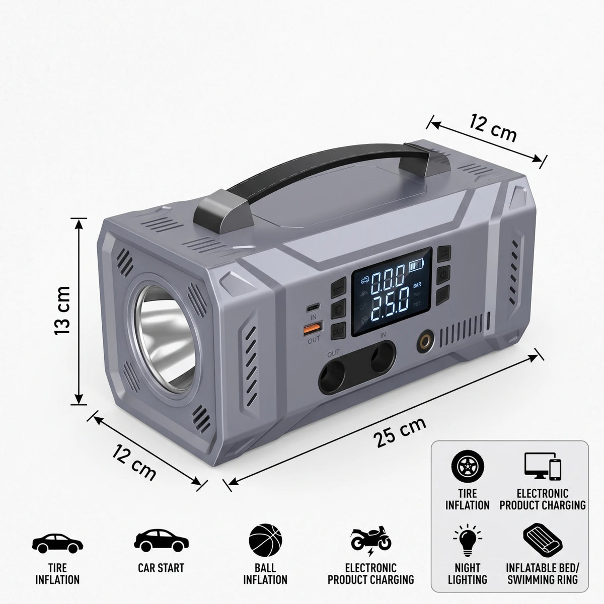 SIX-IN-ONE Car Jump Starter & Air Compressor – Digital Display, PSI/BAR Controls, Hose and Nozzle, 13 x 12 x 25 cm