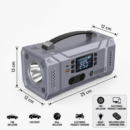 SIX-IN-ONE Car Jump Starter & Air Compressor – Digital Display, PSI/BAR Controls, Hose and Nozzle, 13 x 12 x 25 cm