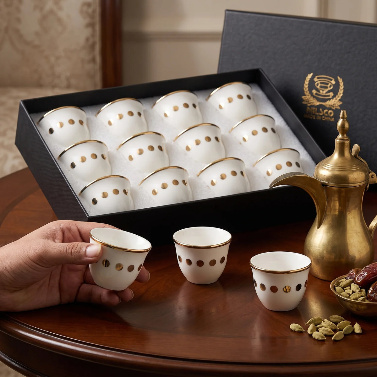 Pilsco Arabic Coffee Cups Set of 12 – White Handleless Cups with Gold Rims and Dot Decorations in Box