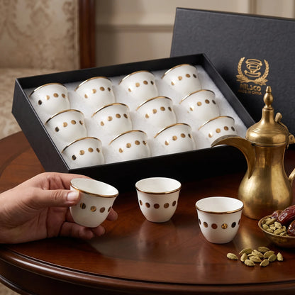 Pilsco Arabic Coffee Cups Set of 12 – White Handleless Cups with Gold Rims and Dot Decorations in Box