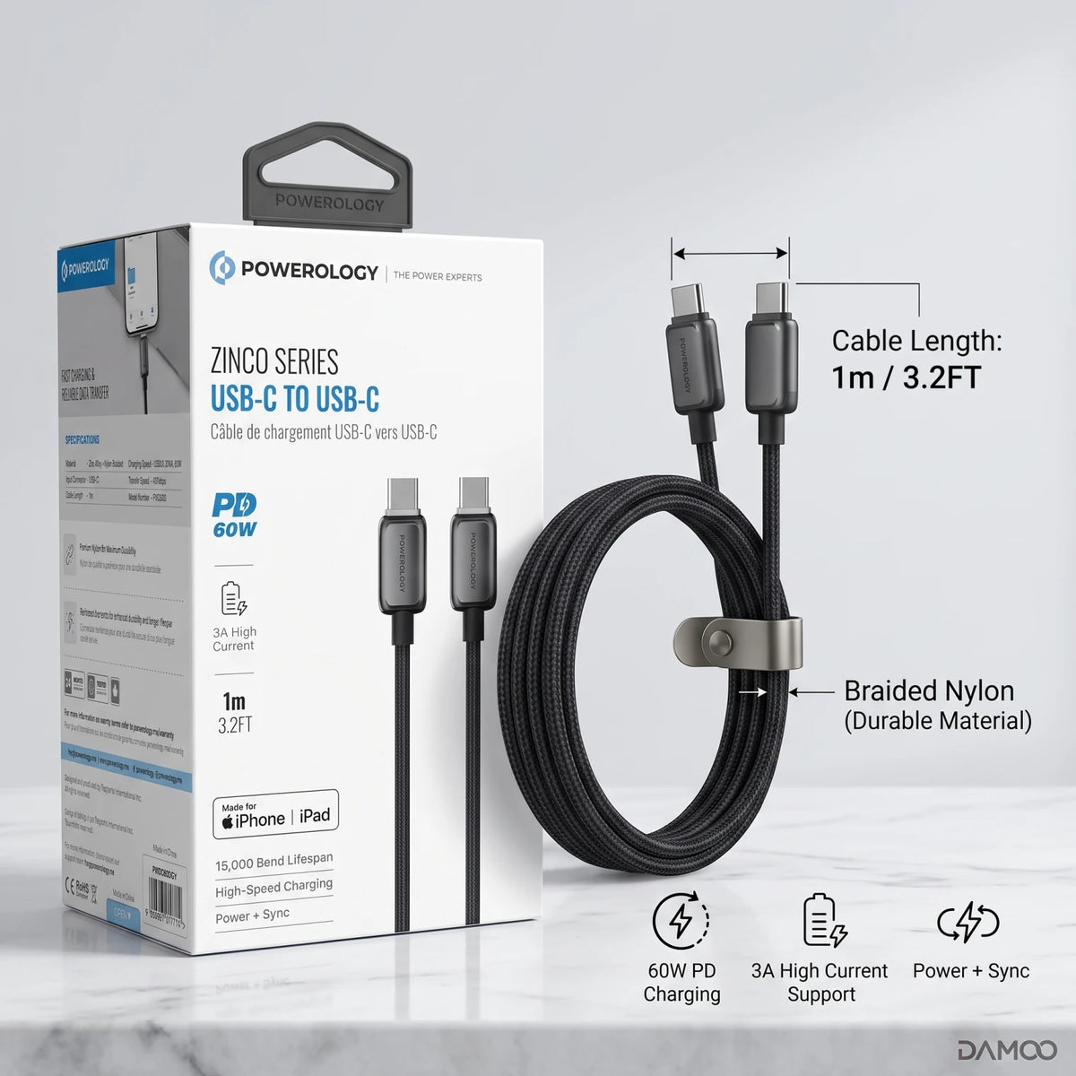 POWERology ZINCO Series USB-C to USB-C Cable 1m – 60W PD, 3A High Current, Braided Charging & Sync Cable