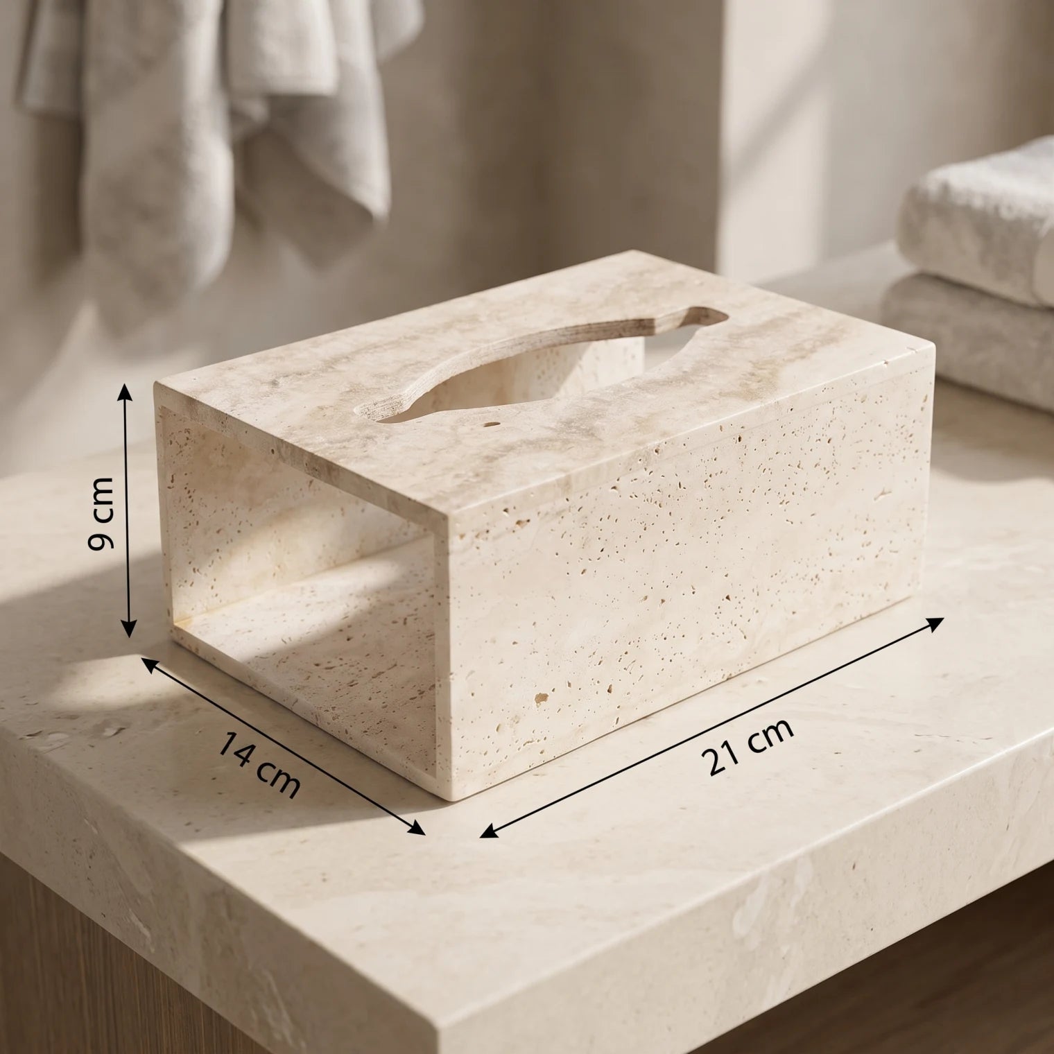 Travertine Stone Tissue Box – 9 x 14 x 21 cm Beige Cover with Top Tissue Opening