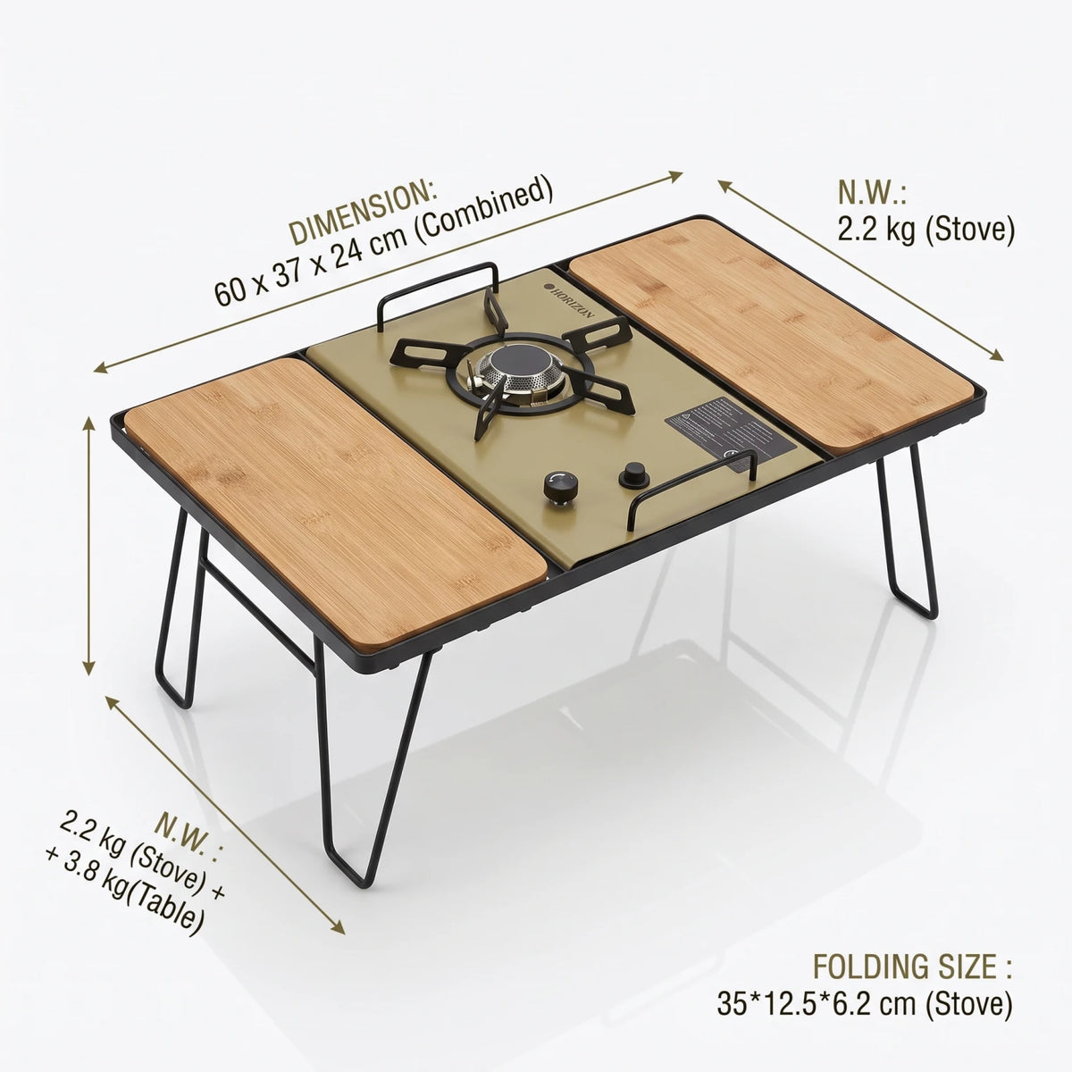 HORIZON 1 IGT STOVE + 1 IGT TABLE – Gas Cooktop Set with Multiple Burners, Black Grates, Control Knobs, Gas Connection and Wood-Grain Surface