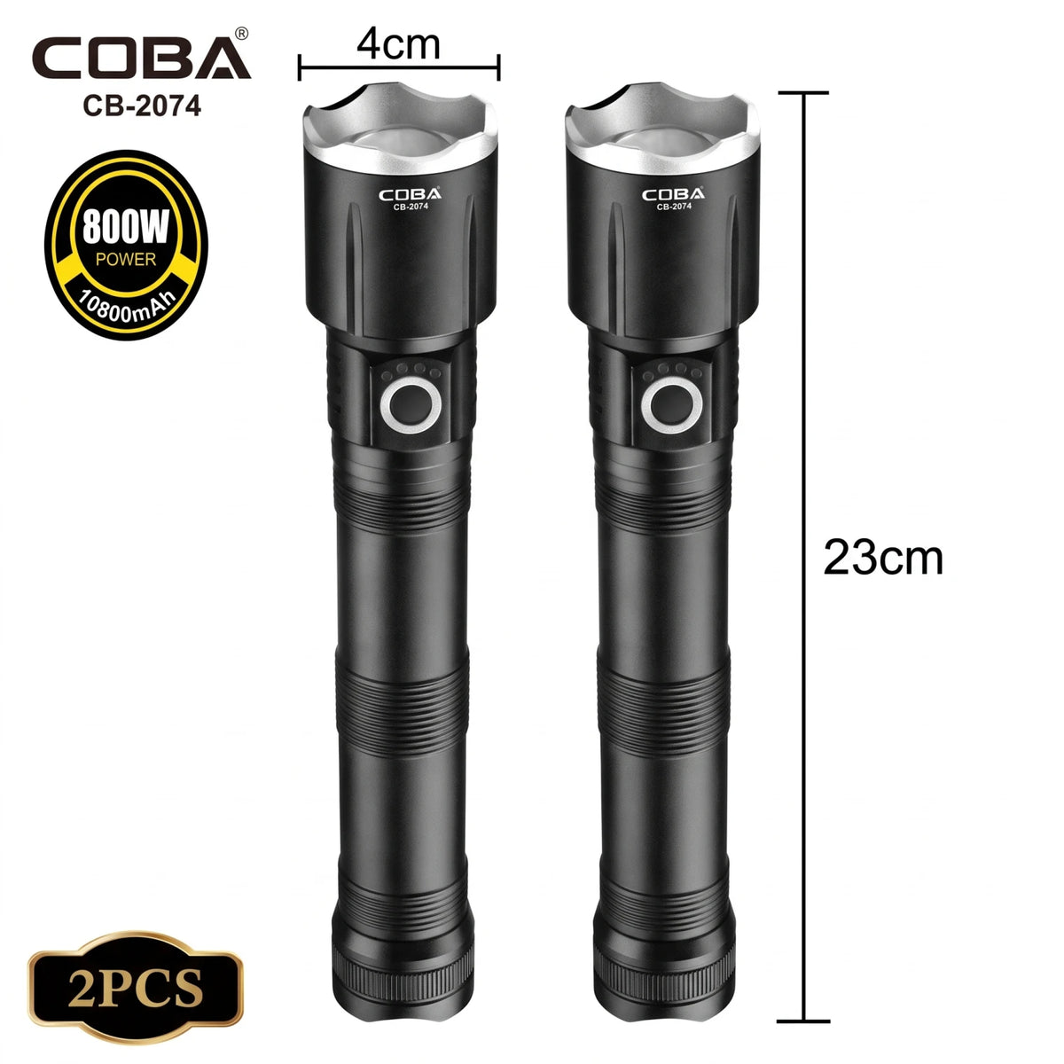 COBA LED aluminium alloy flashlight (2pcs) – Black 23cm Fast-Charging Torch with 800W Power, 10800mAh Marking and Ribbed Grip