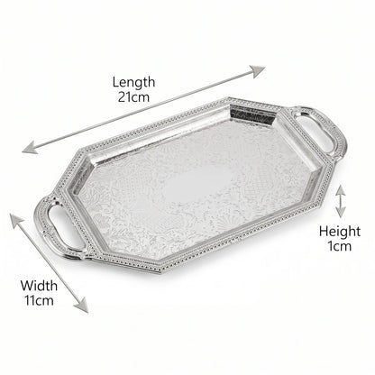 Ornate Silver-Toned Octagonal Serving Tray – 21 x 11 x 1 cm | Textured Handles | Embossed Patterned Base
