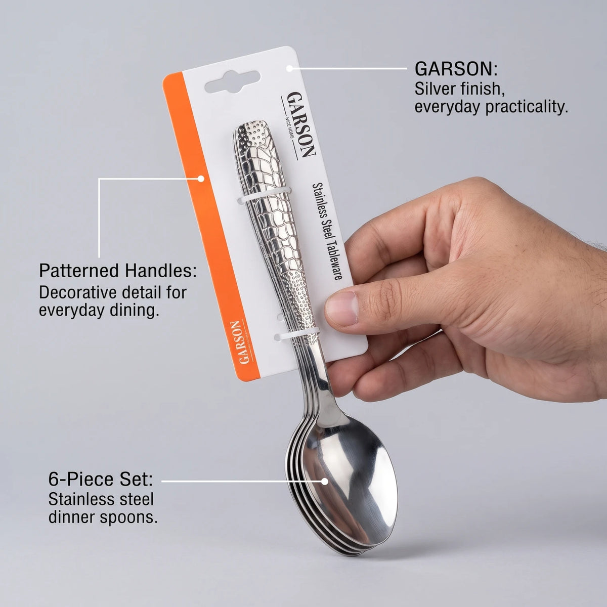 GARSON Stainless Steel Dinner Spoons, 6-Piece Set – Silver Tableware with Patterned Handles for Everyday Dining