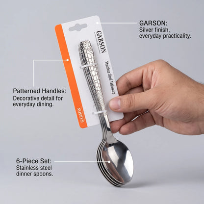 GARSON Stainless Steel Dinner Spoons, 6-Piece Set – Silver Tableware with Patterned Handles for Everyday Dining