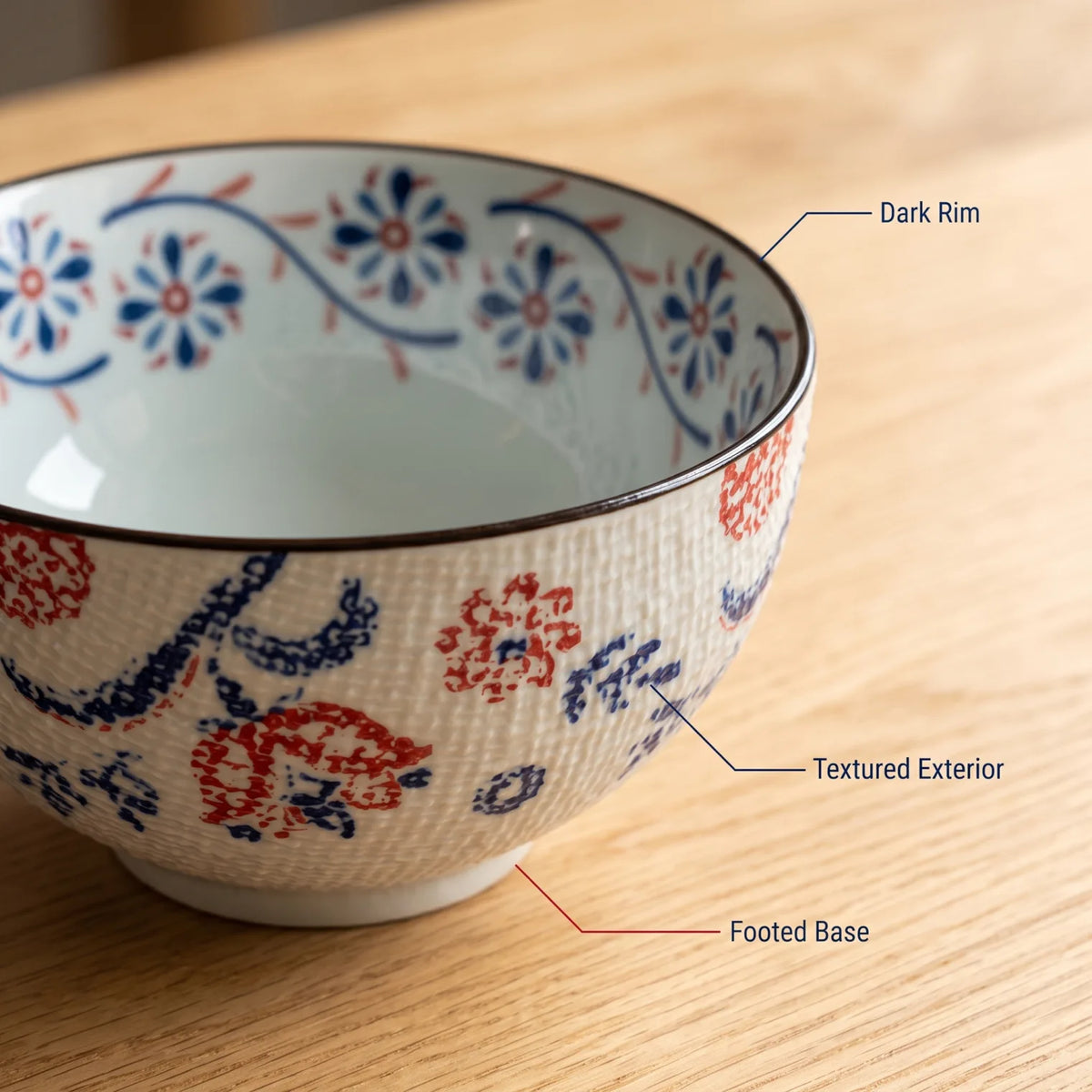 14 CM ceramic Bowl – White Round Footed Serving Bowl with Blue and Red Floral Pattern, Textured Exterior and Dark Rim