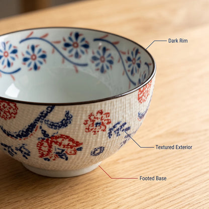 14 CM ceramic Bowl – White Round Footed Serving Bowl with Blue and Red Floral Pattern, Textured Exterior and Dark Rim