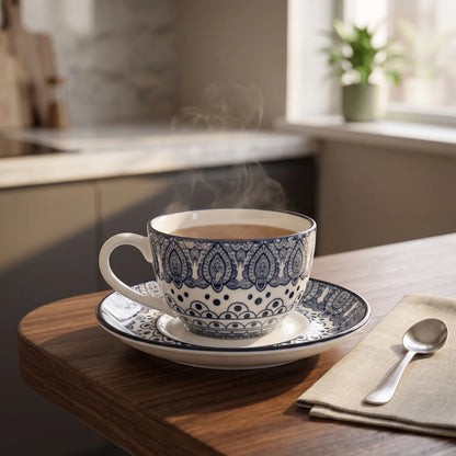 Che Brucia 200 ML Porcelain Cup and Saucer Set – Blue or Green | Floral Paisley Pattern | Matching Handled Coffee and Tea Service - Blue - Image 2