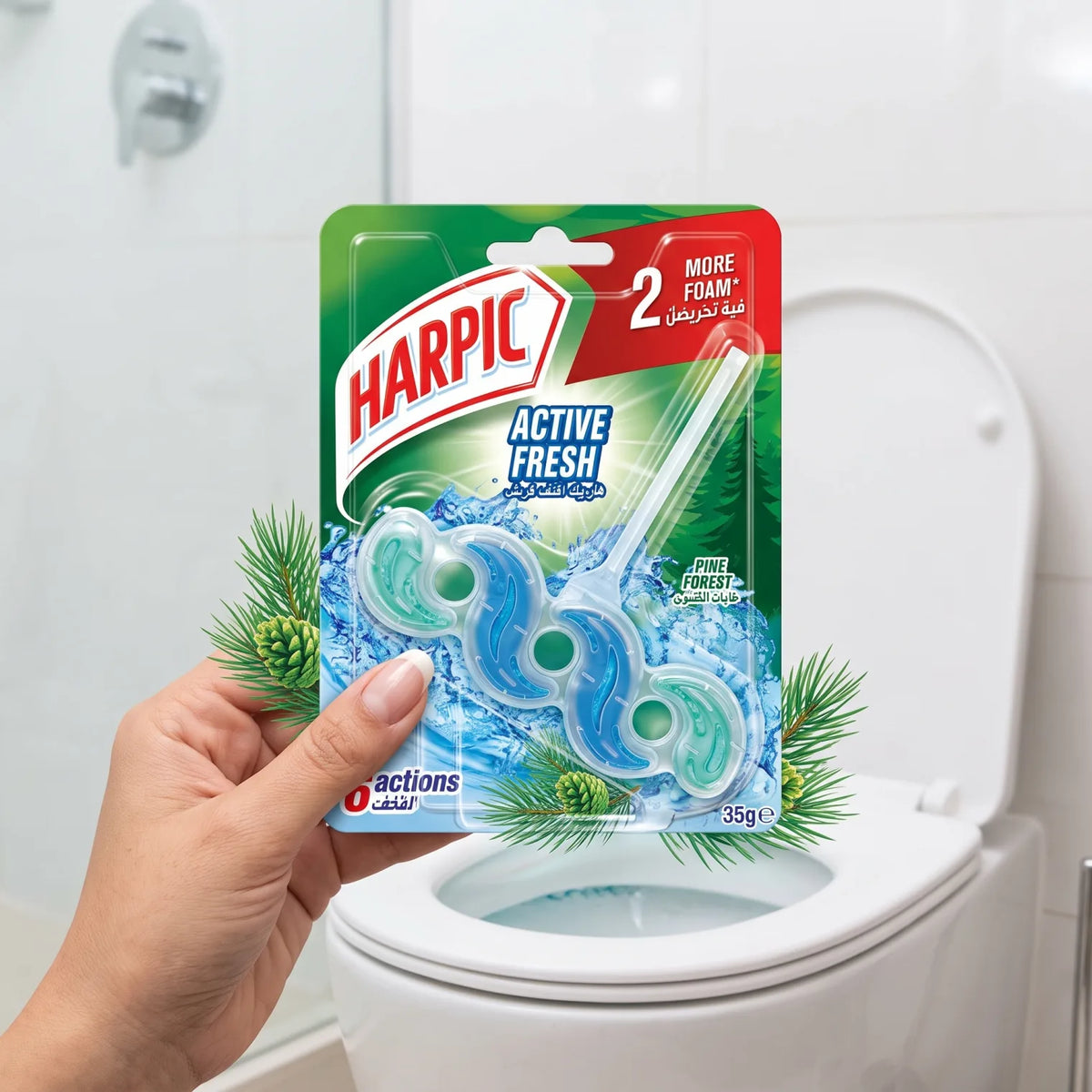 Harpic Fresh Power 6 Toilet Rim Block 35g Pine Forest – Shine, Cleaning Foam, Anti-Limescale & Fresh Fragrance