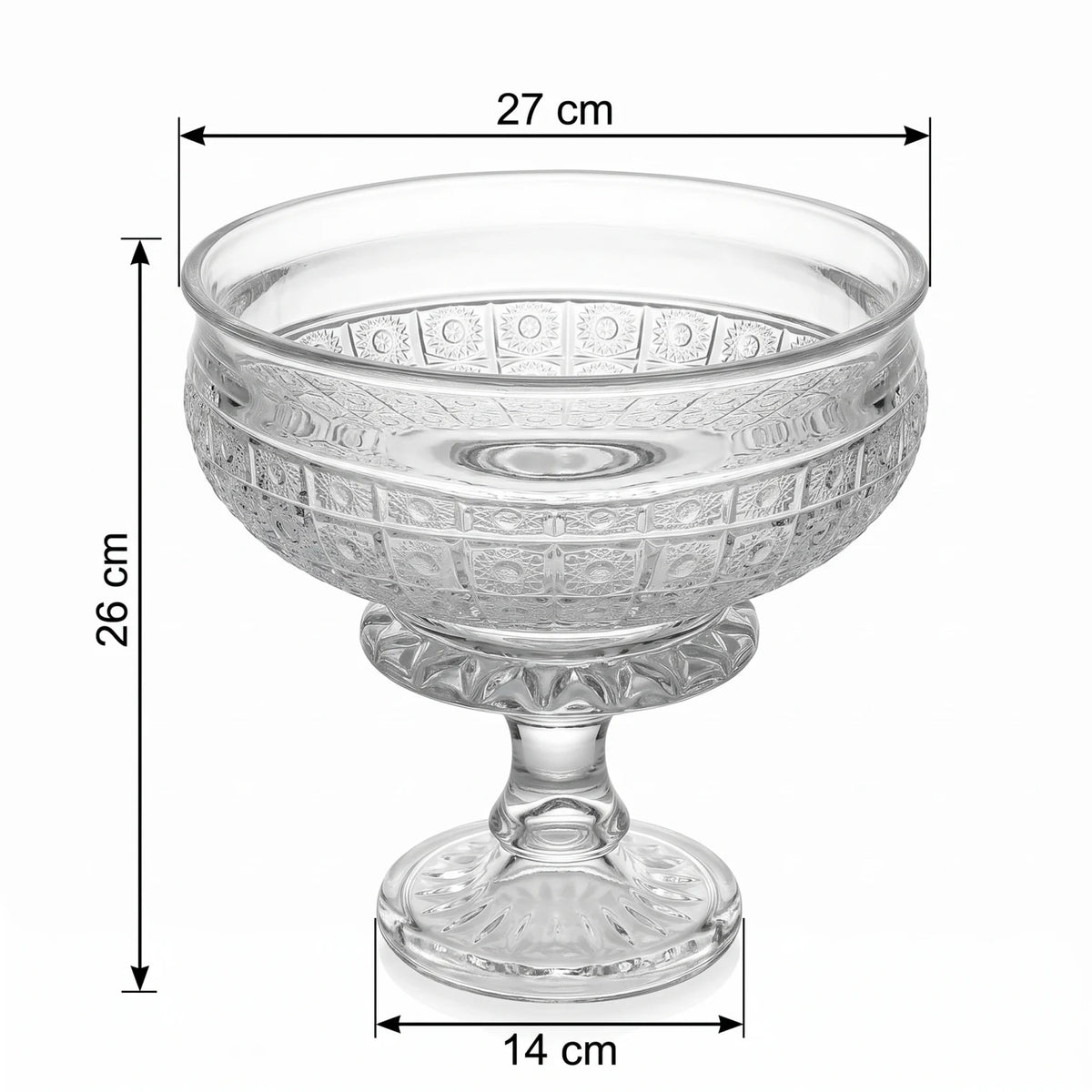 Decorative Glass Footed Serving Bowl – 26cm x 27cm | Geometric Texture | Ribbed Pedestal Base