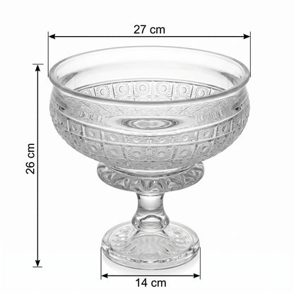 Decorative Glass Footed Serving Bowl – 26cm x 27cm | Geometric Texture | Ribbed Pedestal Base