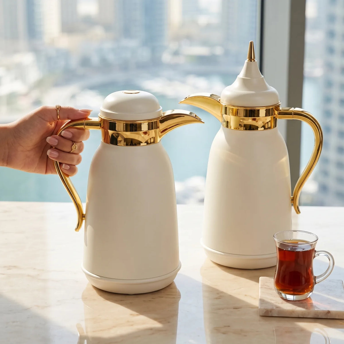 Najib 2-Piece White Gold Premium Vacuum Flask Set – 1.0L + 1.0L | Arabic Design for Tea and Coffee