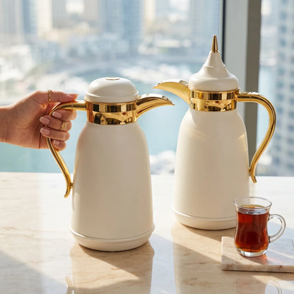 Najib 2-Piece White Gold Premium Vacuum Flask Set – 1.0L + 1.0L | Arabic Design for Tea and Coffee