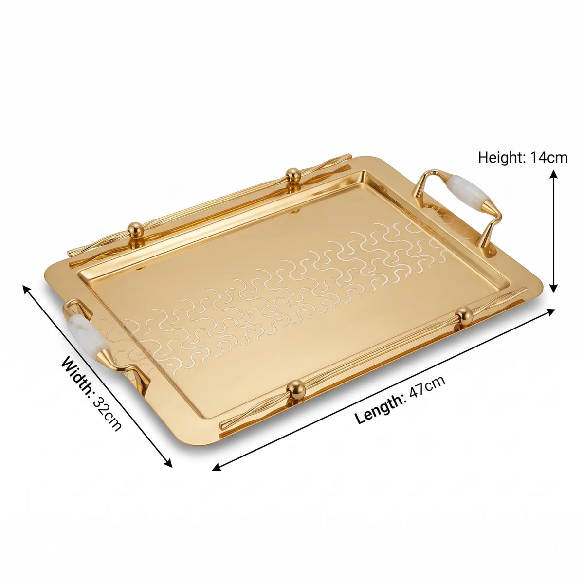 Ansa Luxury Metal Serving Tray – 47 x 32 x 14cm | Geometric Pattern, Raised Rim and Side Handles | Multiple Colour Options - Gold - White - Image 2