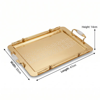 Ansa Luxury Metal Serving Tray – 47 x 32 x 14cm | Geometric Pattern, Raised Rim and Side Handles | Multiple Colour Options - Gold - White - Image 2