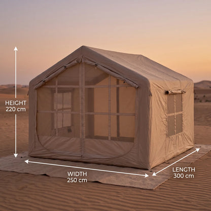 Large Beige Inflatable Camping Tent – 220 x 250 x 300 cm | Mesh Doors and Windows | Outdoor Shelter for Camping and Leisure