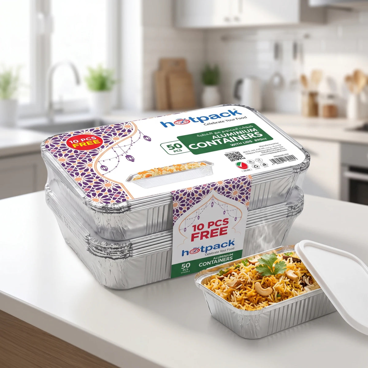 Hot pack Aluminum container with Lis, 890cc Pack of 50 Pieces | Food Grade Silver Containers with Lids for Hot Food