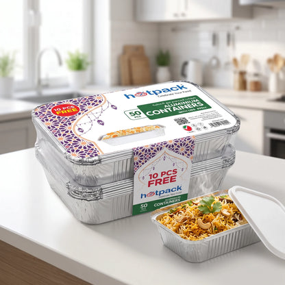 Hot pack Aluminum container with Lis, 890cc Pack of 50 Pieces | Food Grade Silver Containers with Lids for Hot Food