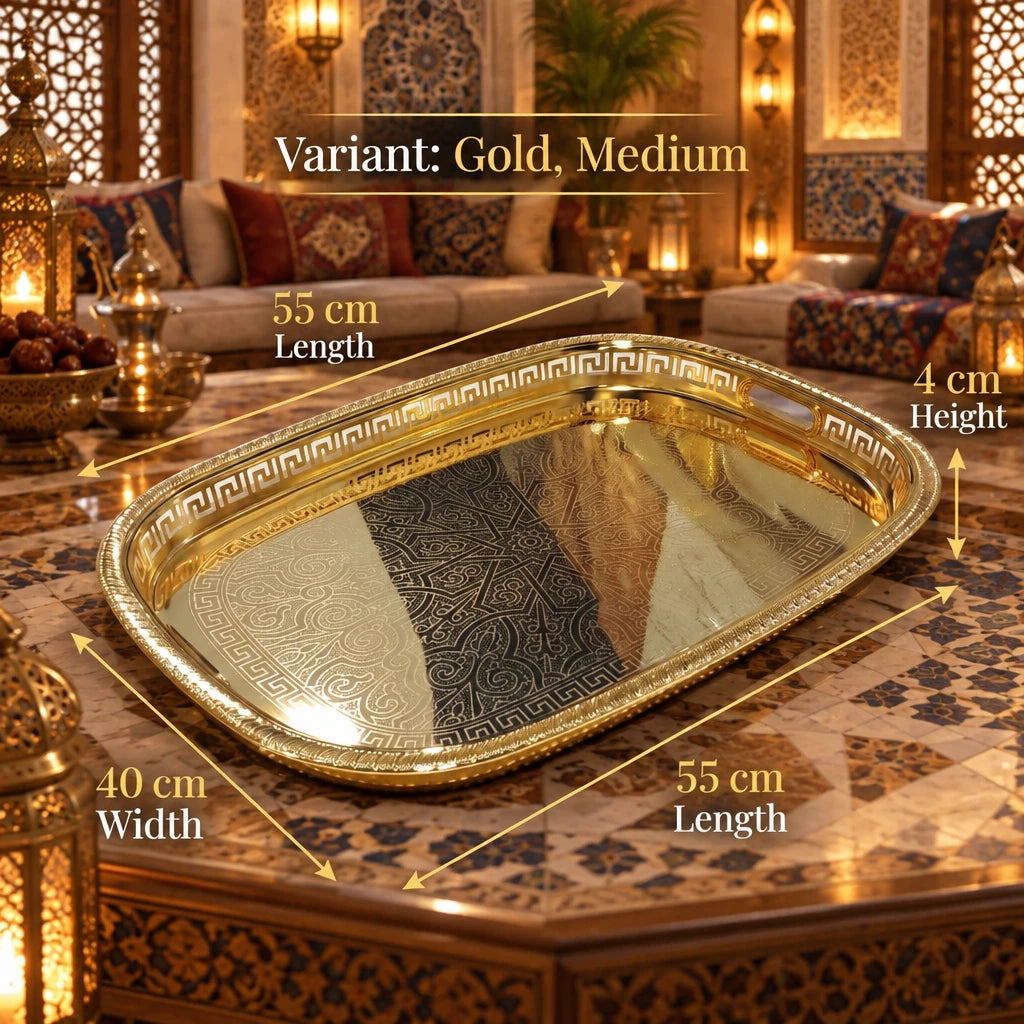 M.E.W Luxury Metal Serving Tray with Mirrored Center – Small, Medium or Large | Silver or Gold | Engraved Greek Key Border - Gold / Medium - Image 2