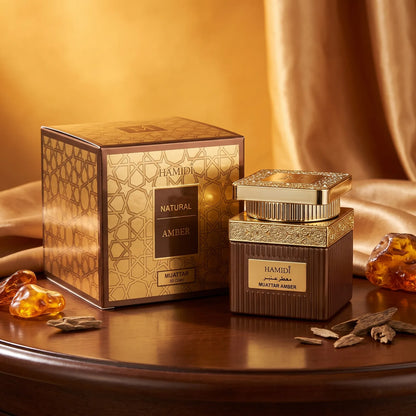 HAMIDI MUATTAR AMBER 50 grams – Natural Amber Scented Fragrance Product in Ornate Gold Packaging