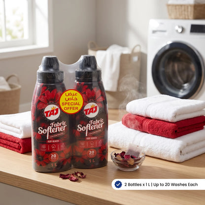 TAJ Fabric Softener RUBY HEAVEN – 2 x 1 L Bottles | Concentrated Formula | 20 Washes | Ultra Softness and Classic Fragrance