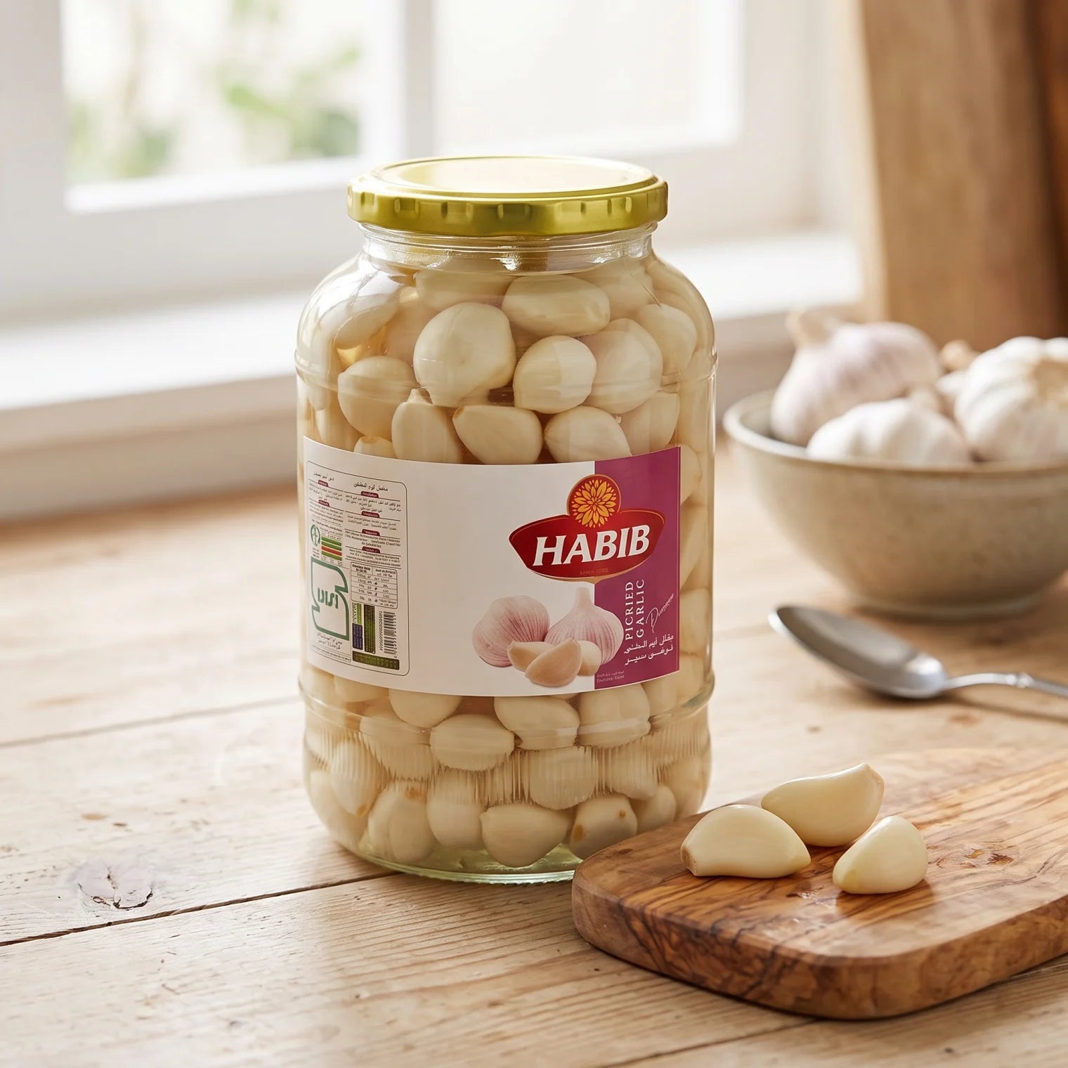 Habib Pickled Garlic 1.5 KG – Peeled Garlic Cloves in Liquid | Glass Jar | Arabic and English Label
