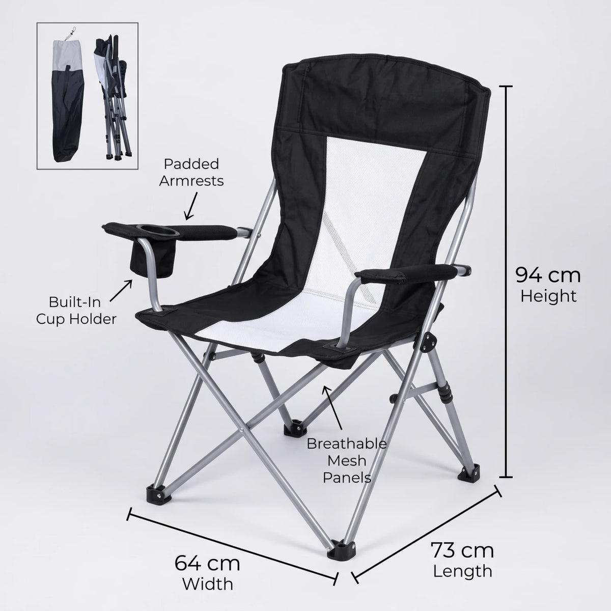 Portable Foldable Outdoor Camping Chair – 94 x 64 x 73 cm | Padded Armrests, Built-In Cup Holder | Folding Leisure Seat for Camping - Black-White - Image 2
