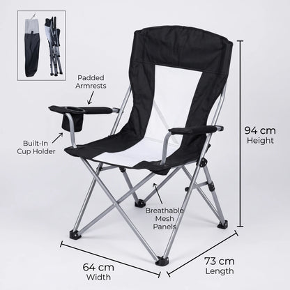 Portable Foldable Outdoor Camping Chair – 94 x 64 x 73 cm | Padded Armrests, Built-In Cup Holder | Folding Leisure Seat for Camping - Black-White - Image 2