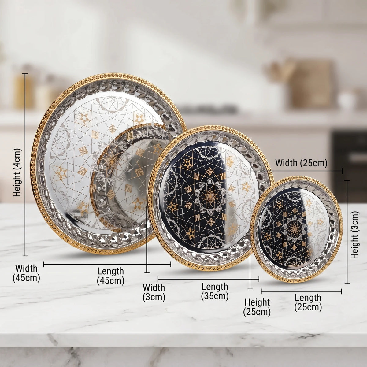 ARGTE Premium 3-Piece Round Serving Trays Set – Silver Mirror Patterns | Gold-Beaded Rim Accents | 25cm, 35cm & 45cm