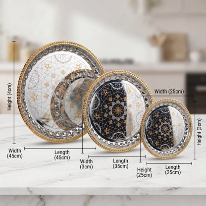 ARGTE Premium 3-Piece Round Serving Trays Set – Silver Mirror Patterns | Gold-Beaded Rim Accents | 25cm, 35cm & 45cm