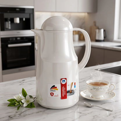 Markutec German-made Pearl White vaccum flask 1 Liter – Leak Proof, Keeps Drinks Hot 12 Hours or Cold 24 Hours, for Tea and Coffee