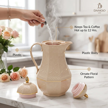 Rose Sand-Beige Premium Vaccum Flask 1.3 Liters – Floral Pattern | Leak Proof | Keeps Tea and Coffee Hot or Cold