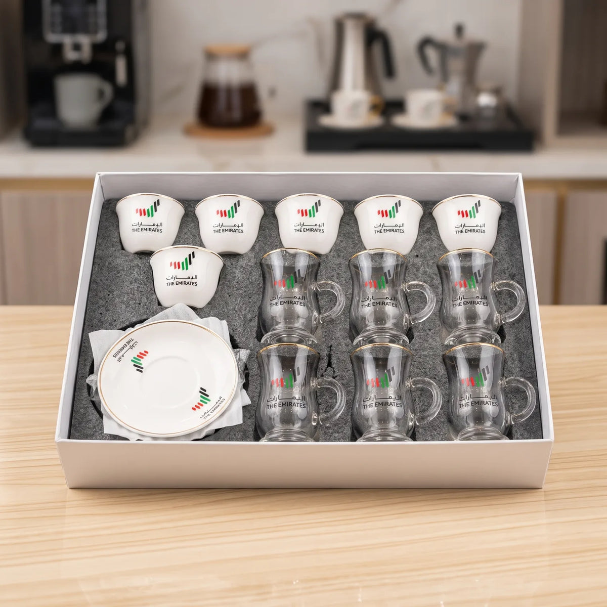 The Emirates 18-Piece Cups and Saucers Set – Arabic Coffee Cups, Glass Tea Cups and Ceramic Saucers with UAE-Themed Design