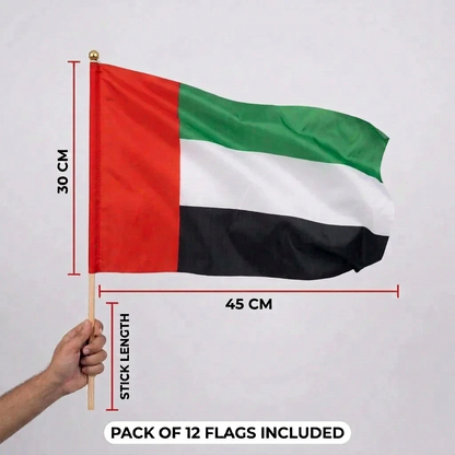 UAE Flag 30 x 45 cm, Pack of 12 – Handheld United Arab Emirates National Flags with Wooden Sticks and Gold-Colored Finials
