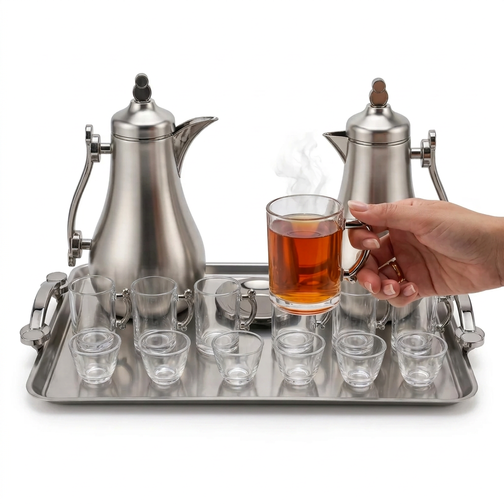 MAHRA 21 Pieces Tea Serving Set – Matte Stainless Steel Vacuum Flask with Glasses and Serving Tray