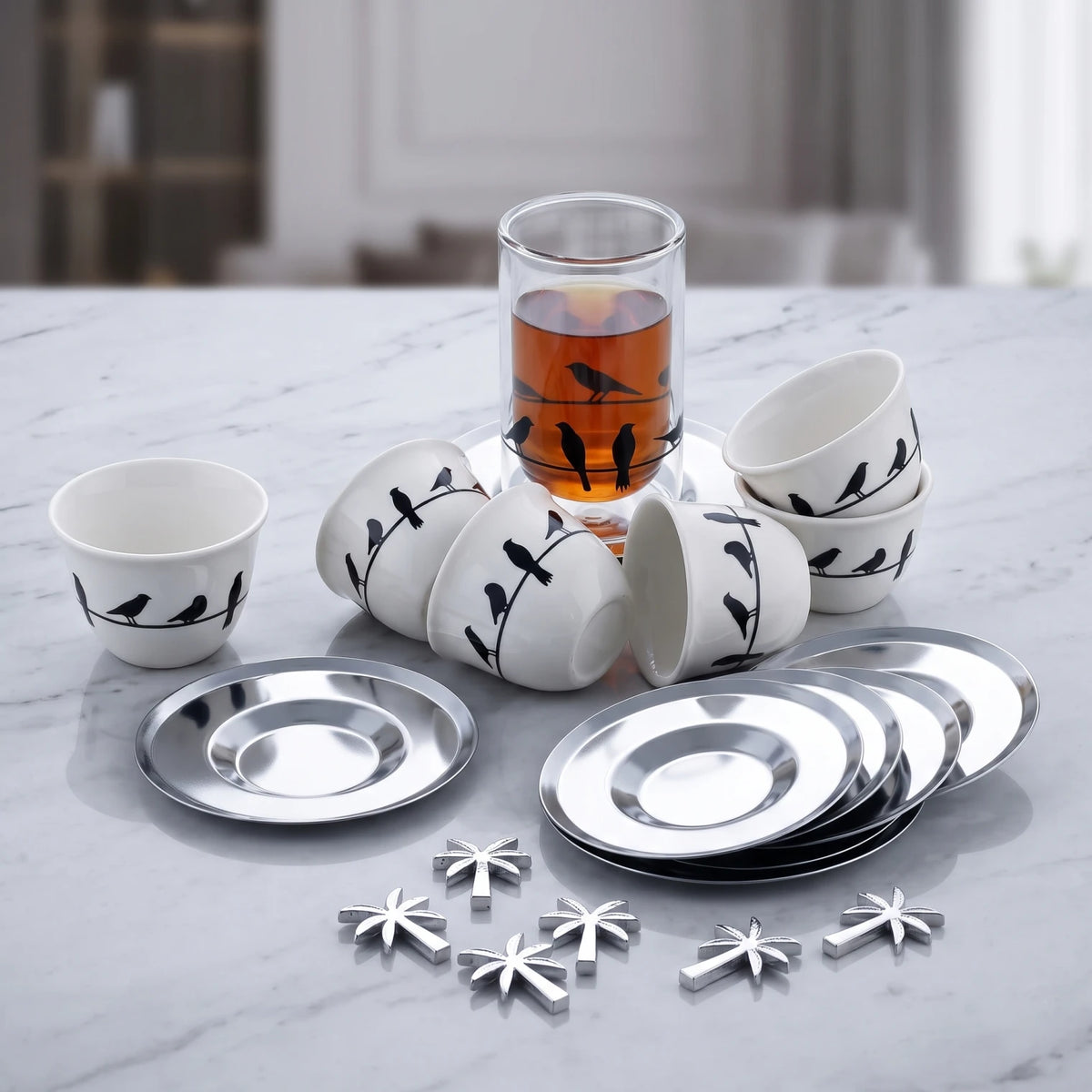 Fashion Home Elegant 18-Piece Tea & Coffee Set with Double-Wall Glass Cups, Metallic Saucers, Bird Pattern Cups & Palm Tree Ornaments