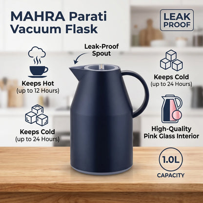 MAHRA Parati Vacuum Flask 1.0 Liter – Leak Proof | Pink Glass Interior | Keeps Tea and Coffee Hot or Cold