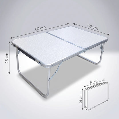 Aluminium Alloy Foldable Mini Camping Table – 60 x 40 x 26 cm | White Patterned Top, Silver Frame and Folding Legs