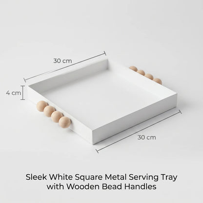 Sleek White Square Metal Serving Tray 30 x 30 x 4 cm with Wooden Bead Handles for Nuts, Chocolates and Entertaining