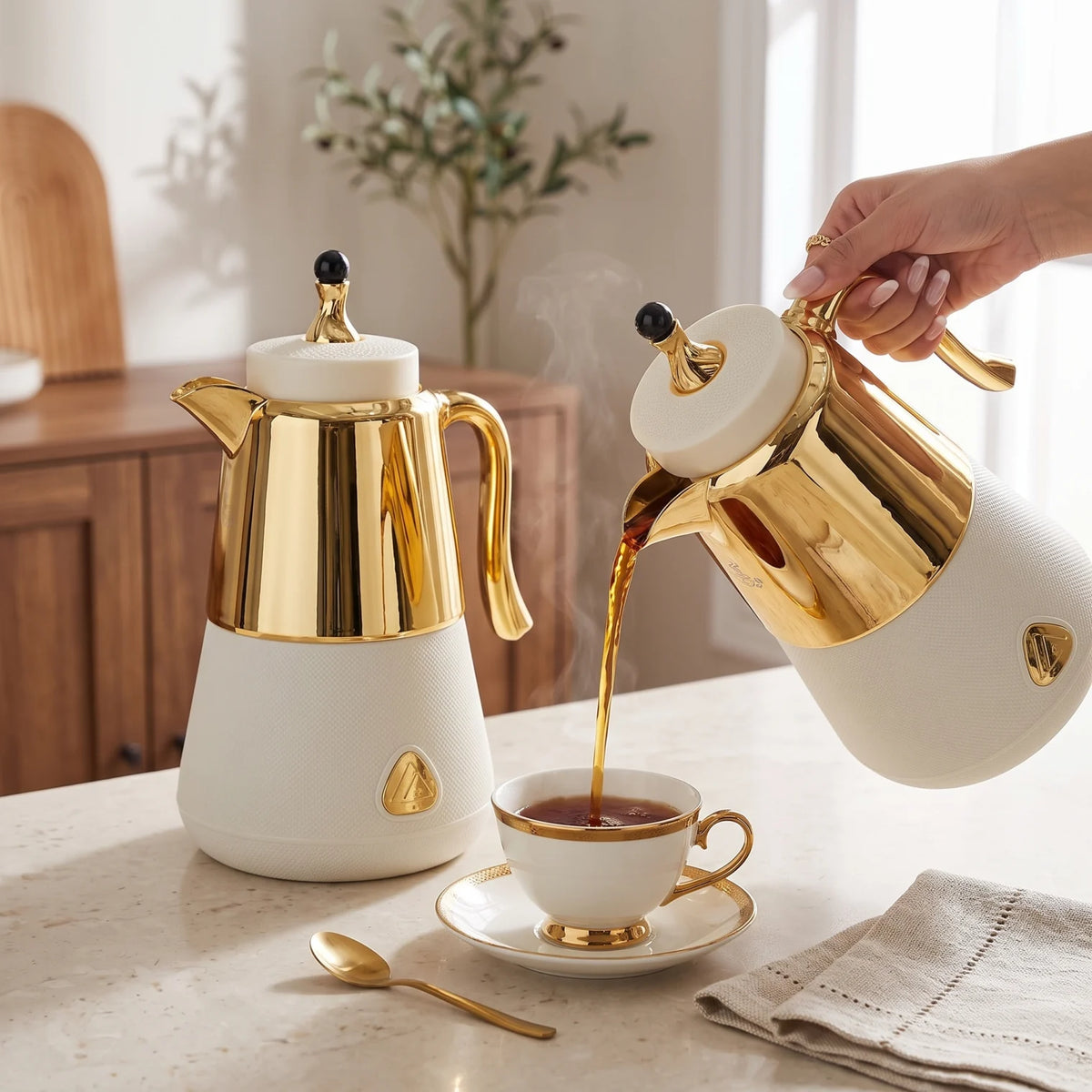 LALOZA 2-Piece White Textured Gold Premium Vacuum Flask Set – 1.0L + 1.0L | Leak-Proof Tea and Coffee Serving Flasks