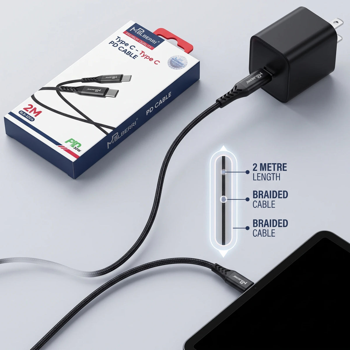 MPBLBERRI Type-C to Type-C PD Charging Cable – 2M, 36W, Black, Braided USB-C Cable